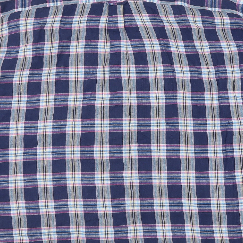 Marks and Spencer Mens Blue Check Linen  Button-Up Size 3XL Collared Button