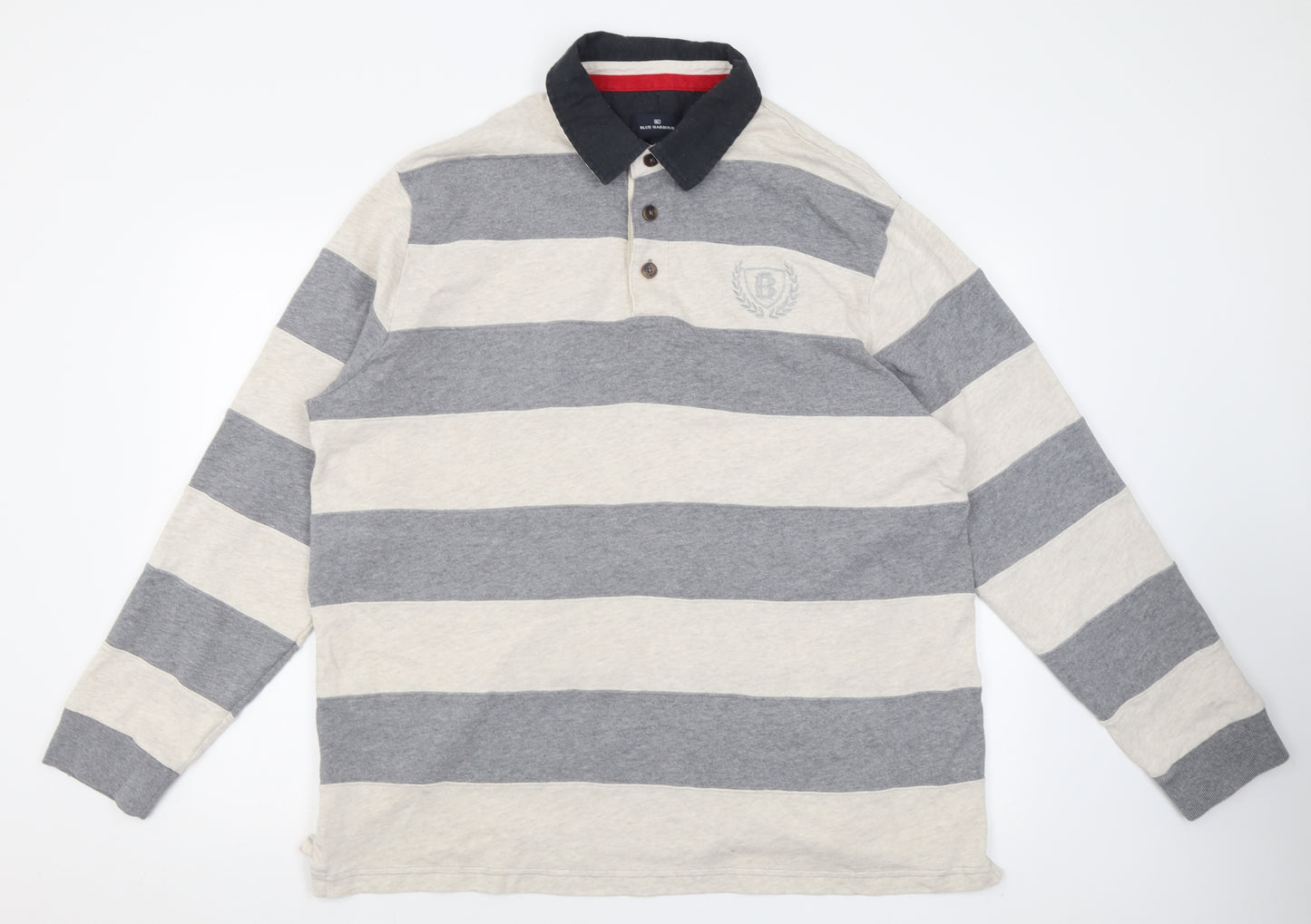 Blue Harbour Mens Grey Striped Cotton  Polo Size XL Collared Button