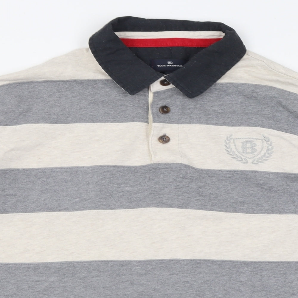 Blue Harbour Mens Grey Striped Cotton  Polo Size XL Collared Button
