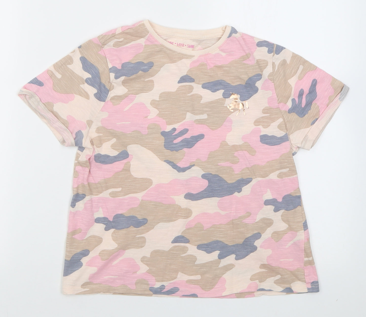 F&F Girls Pink Camouflage Cotton Basic T-Shirt Size 12-13 Years Crew Neck Pullover