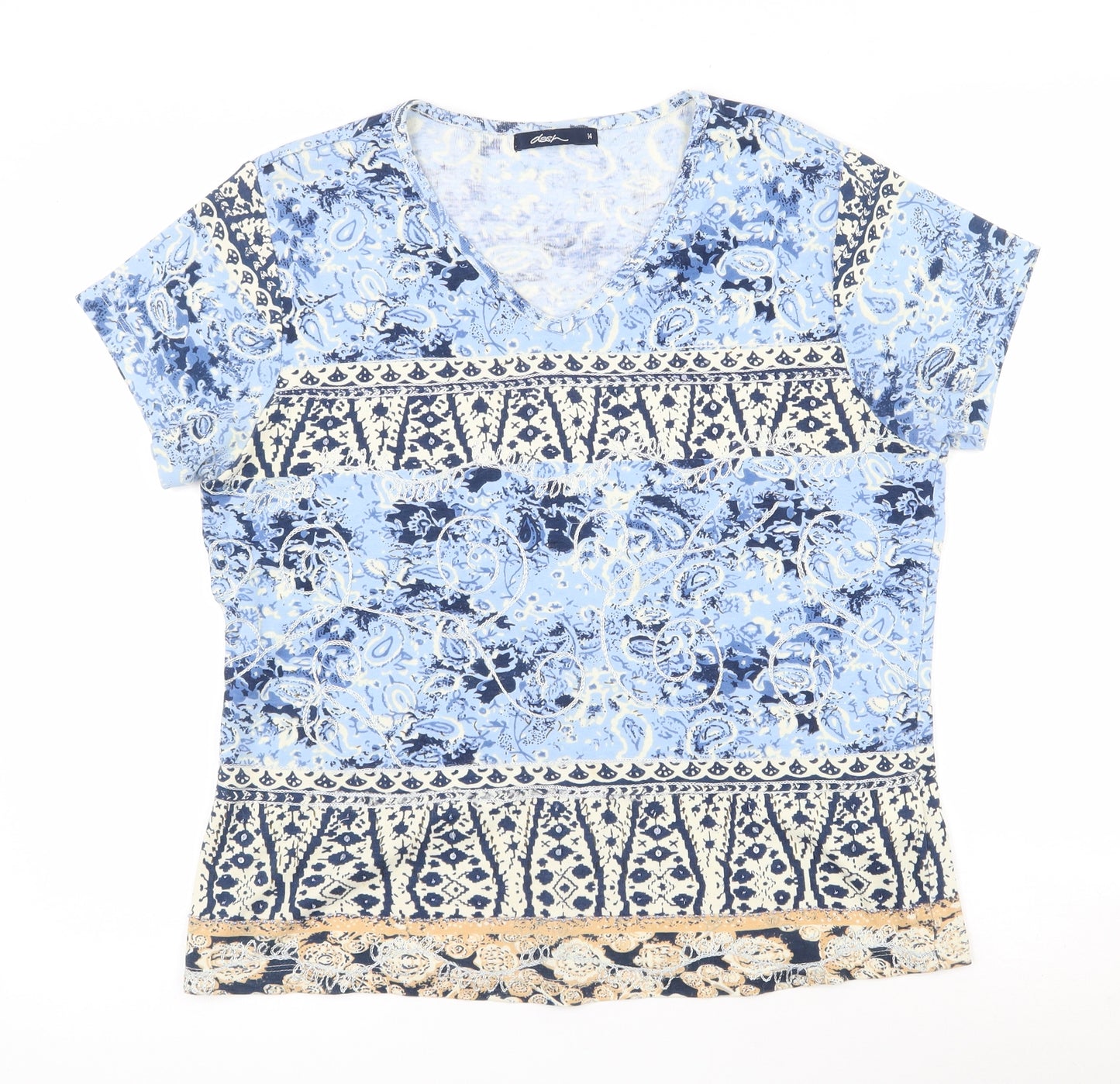 DASH Womens Blue Paisley 100% Cotton Basic T-Shirt Size 14 V-Neck