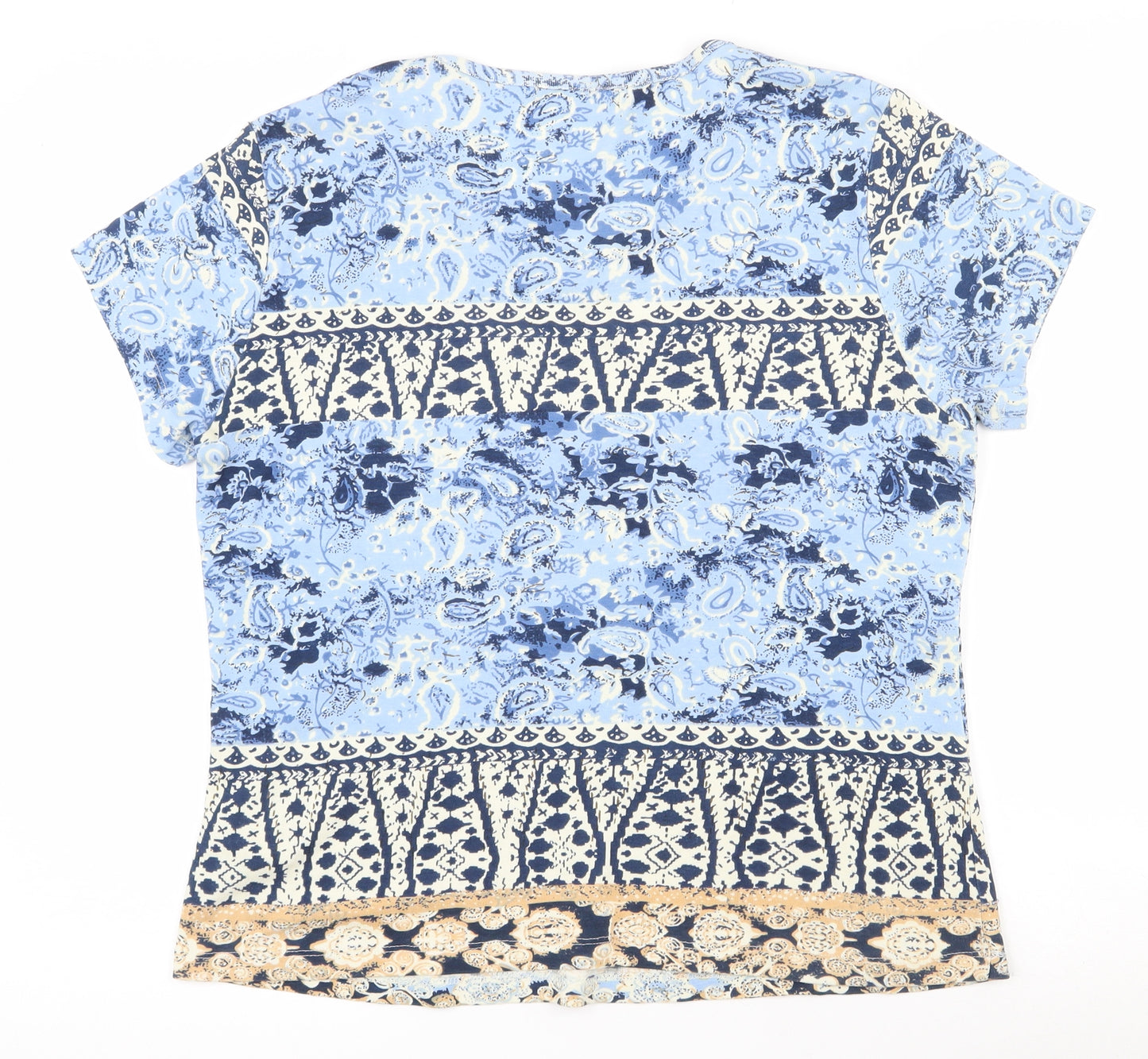 DASH Womens Blue Paisley 100% Cotton Basic T-Shirt Size 14 V-Neck