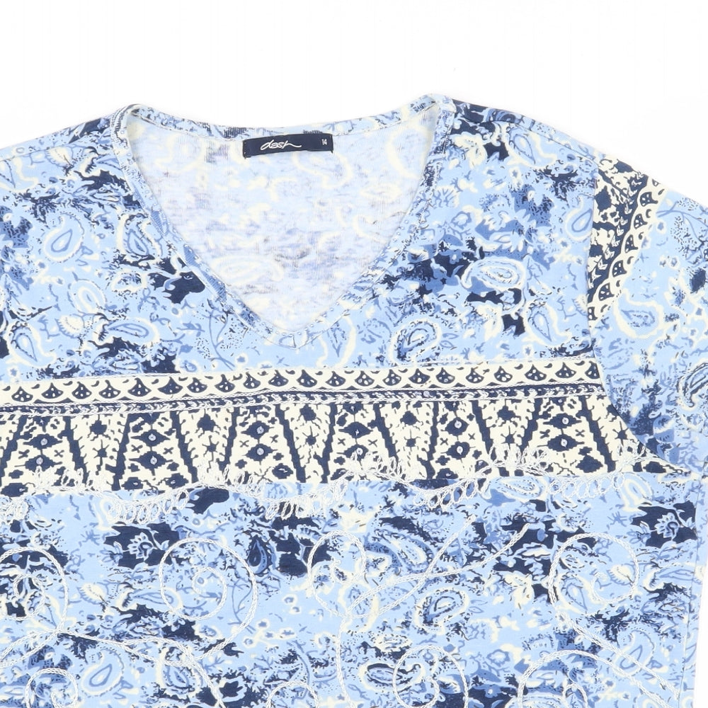 DASH Womens Blue Paisley 100% Cotton Basic T-Shirt Size 14 V-Neck