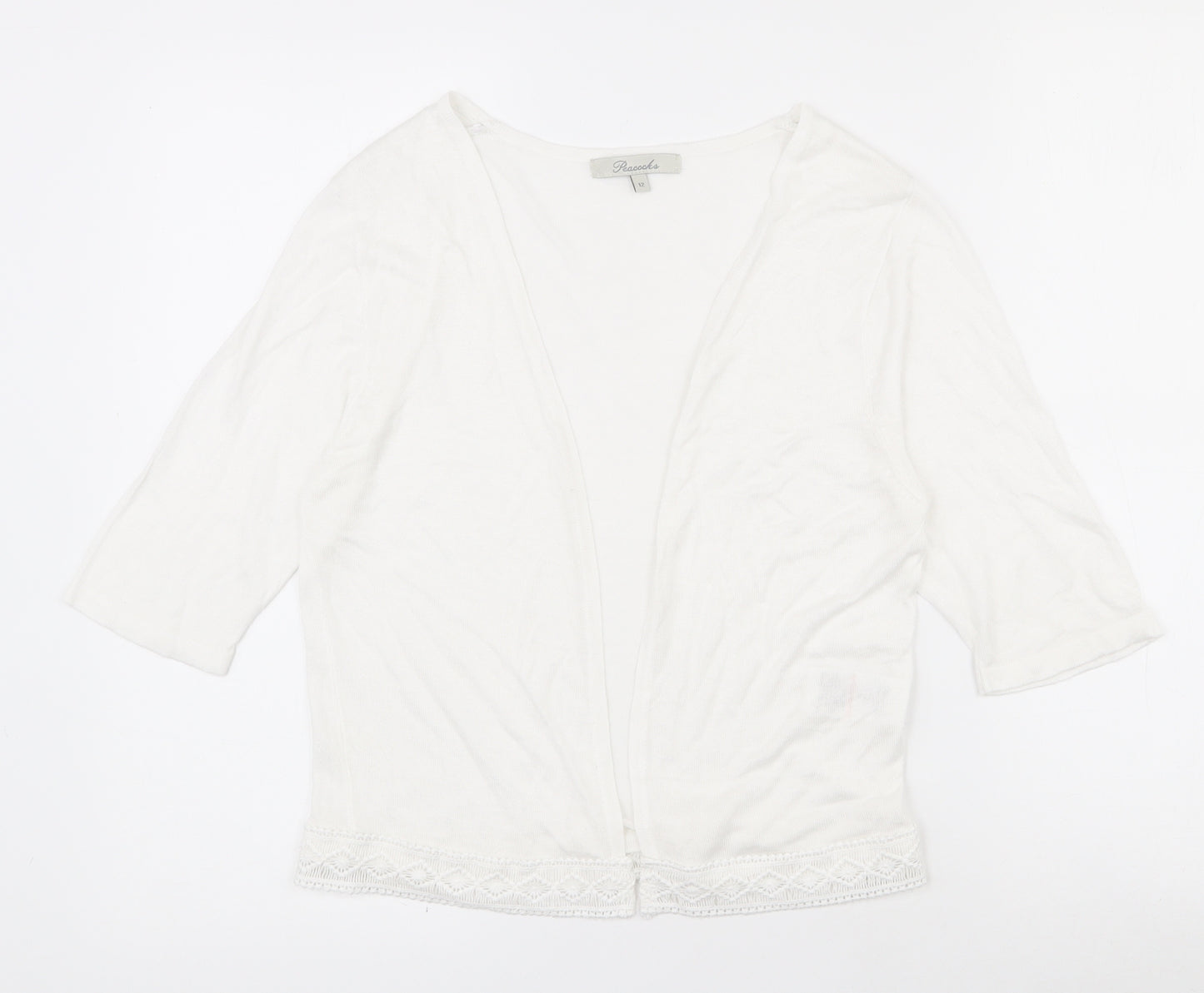 Peacocks Womens White   Viscose Cardigan Jumper Size 12   - Lace trim on bottom