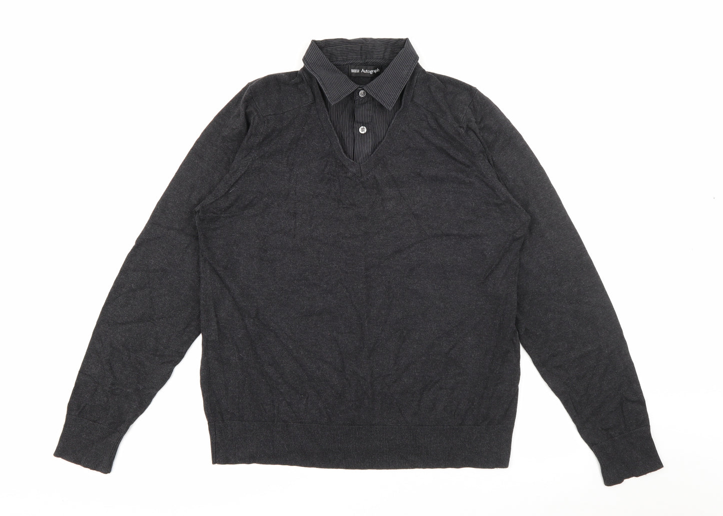 Marks and Spencer Mens Grey V-Neck  Cotton Pullover Jumper Size M