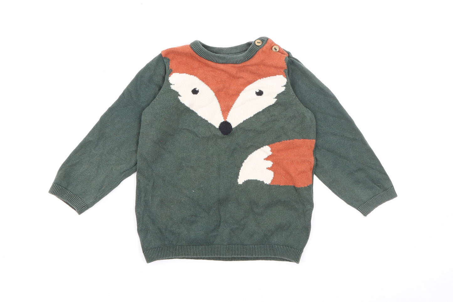 H&M Baby Green  Cotton Pullover Jumper Size 18-24 Months  Button - Fox