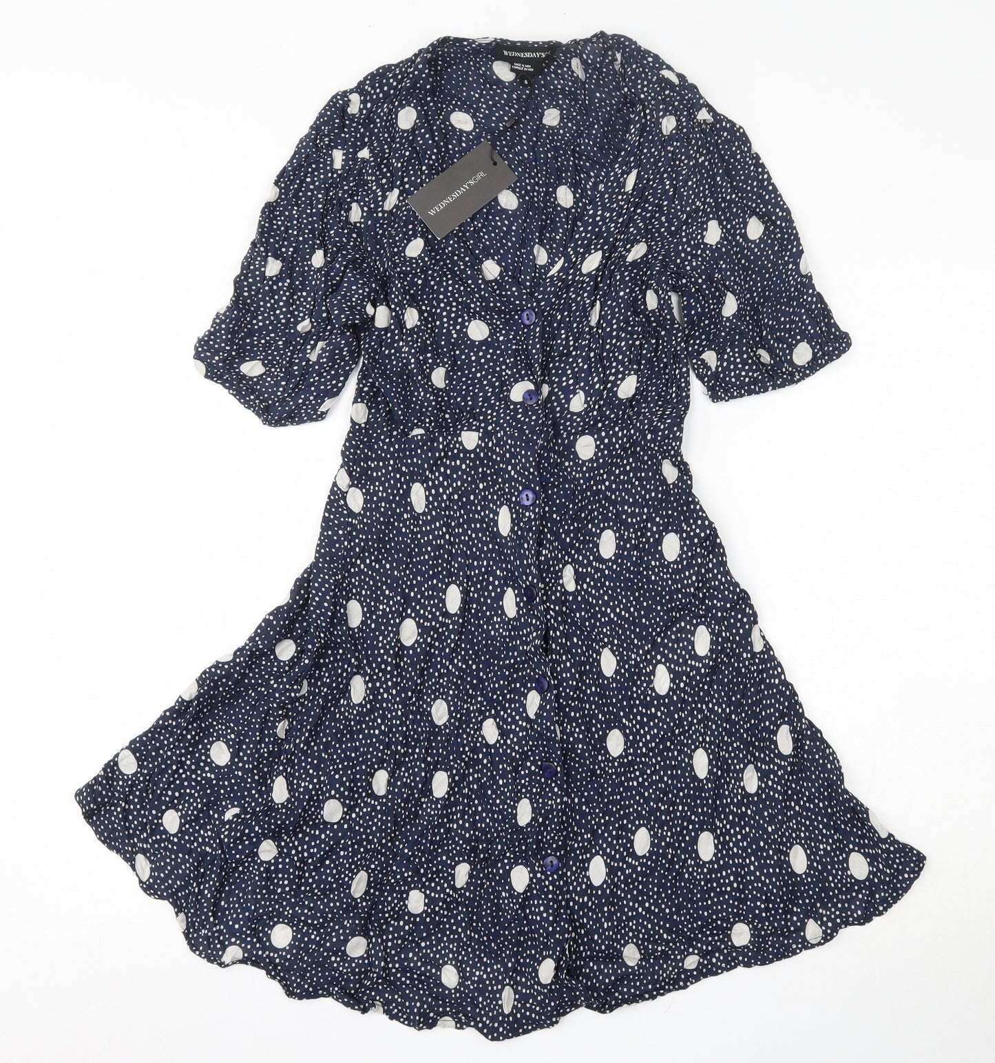 Wednesday's Girl Womens Blue Polka Dot Viscose Skater Dress  Size S  V-Neck