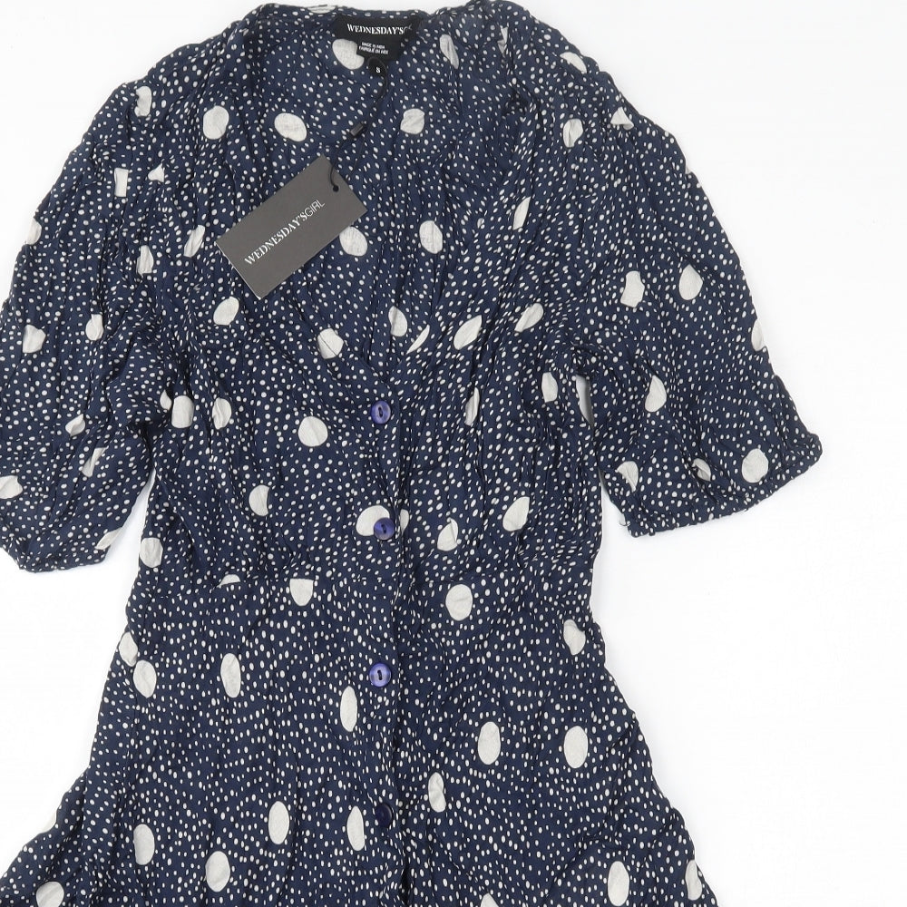 Wednesday's Girl Womens Blue Polka Dot Viscose Skater Dress  Size S  V-Neck