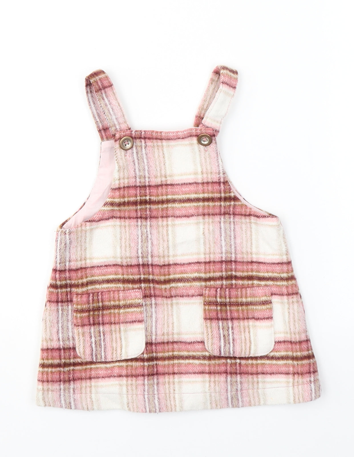 NEXT Girls Pink Plaid Polyester Pinafore/Dungaree Dress  Size 9-12 Months  Square Neck Button