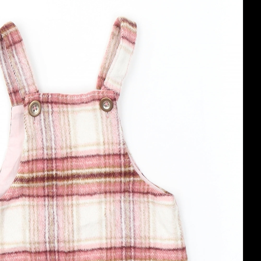 NEXT Girls Pink Plaid Polyester Pinafore/Dungaree Dress  Size 9-12 Months  Square Neck Button