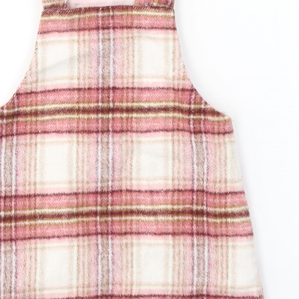 NEXT Girls Pink Plaid Polyester Pinafore/Dungaree Dress  Size 9-12 Months  Square Neck Button