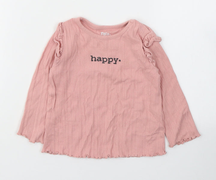 Fred&Flo Girls Pink  Cotton Basic Casual Size 6-9 Months Round Neck Pullover - Happy
