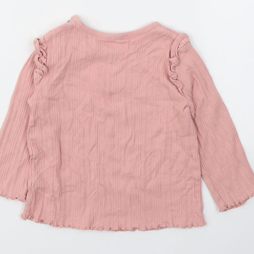Fred&Flo Girls Pink  Cotton Basic Casual Size 6-9 Months Round Neck Pullover - Happy