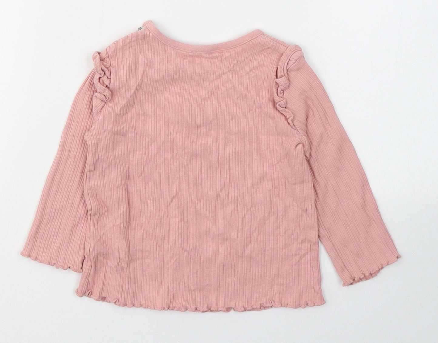 Fred&Flo Girls Pink  Cotton Basic Casual Size 6-9 Months Round Neck Pullover - Happy