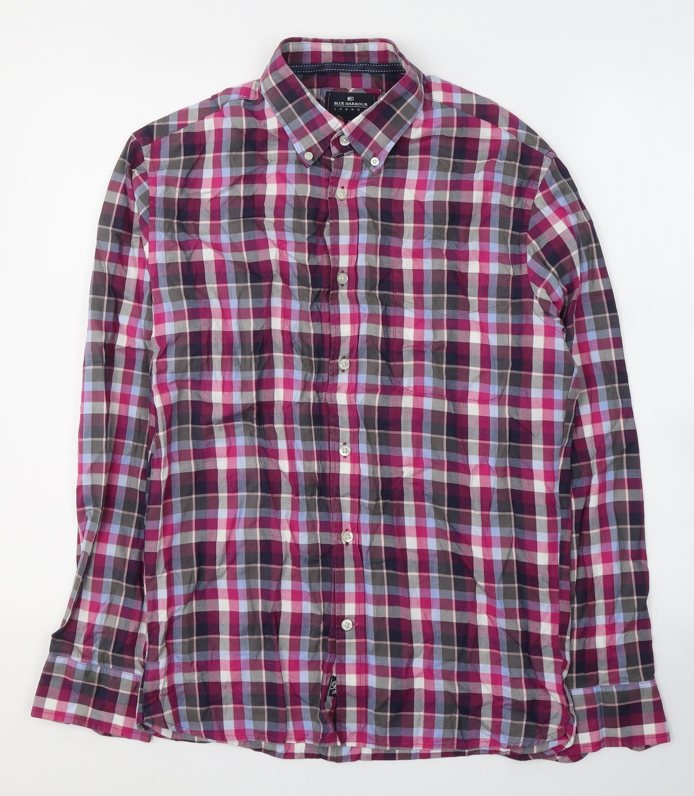 Blue Harbour Mens Pink Plaid Cotton  Button-Up Size M Collared Button