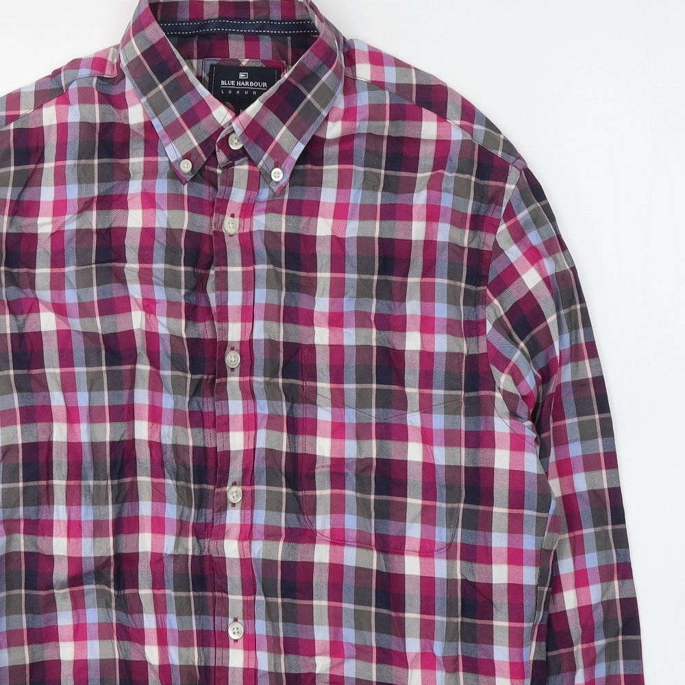 Blue Harbour Mens Pink Plaid Cotton  Button-Up Size M Collared Button