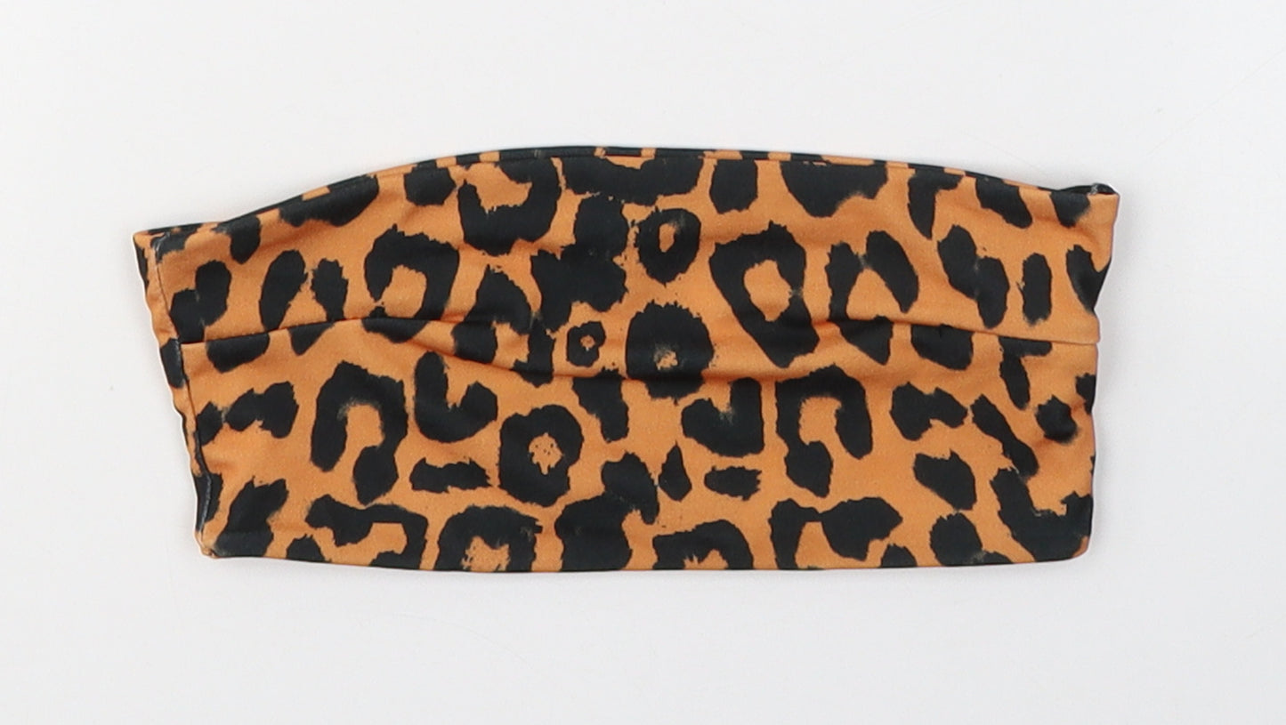 PRETTYLITTLETHING Womens Orange Animal Print Polyester Cropped T-Shirt Size 4 Off the Shoulder