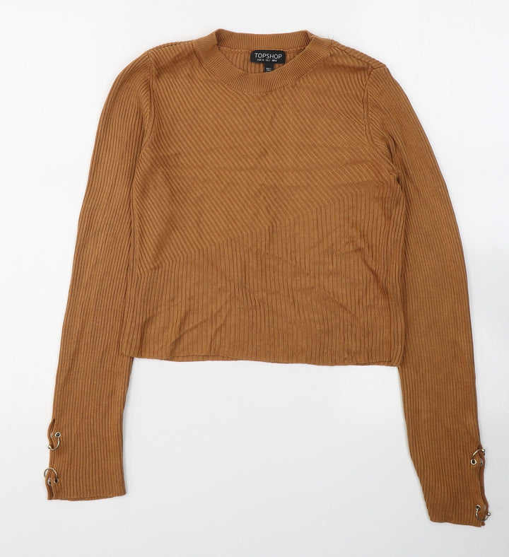 Topshop Womens Brown  Acrylic Basic Blouse Size 6 Round Neck