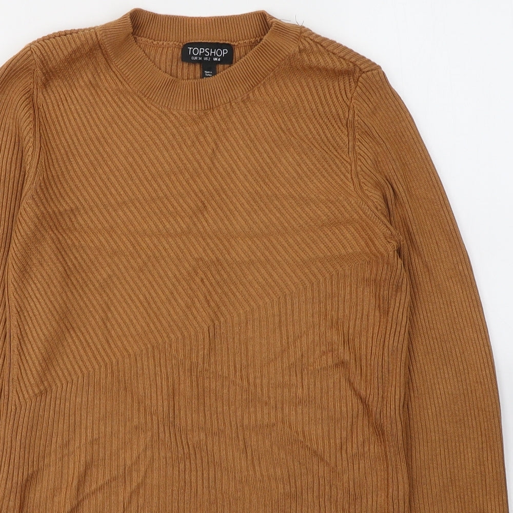 Topshop Womens Brown  Acrylic Basic Blouse Size 6 Round Neck
