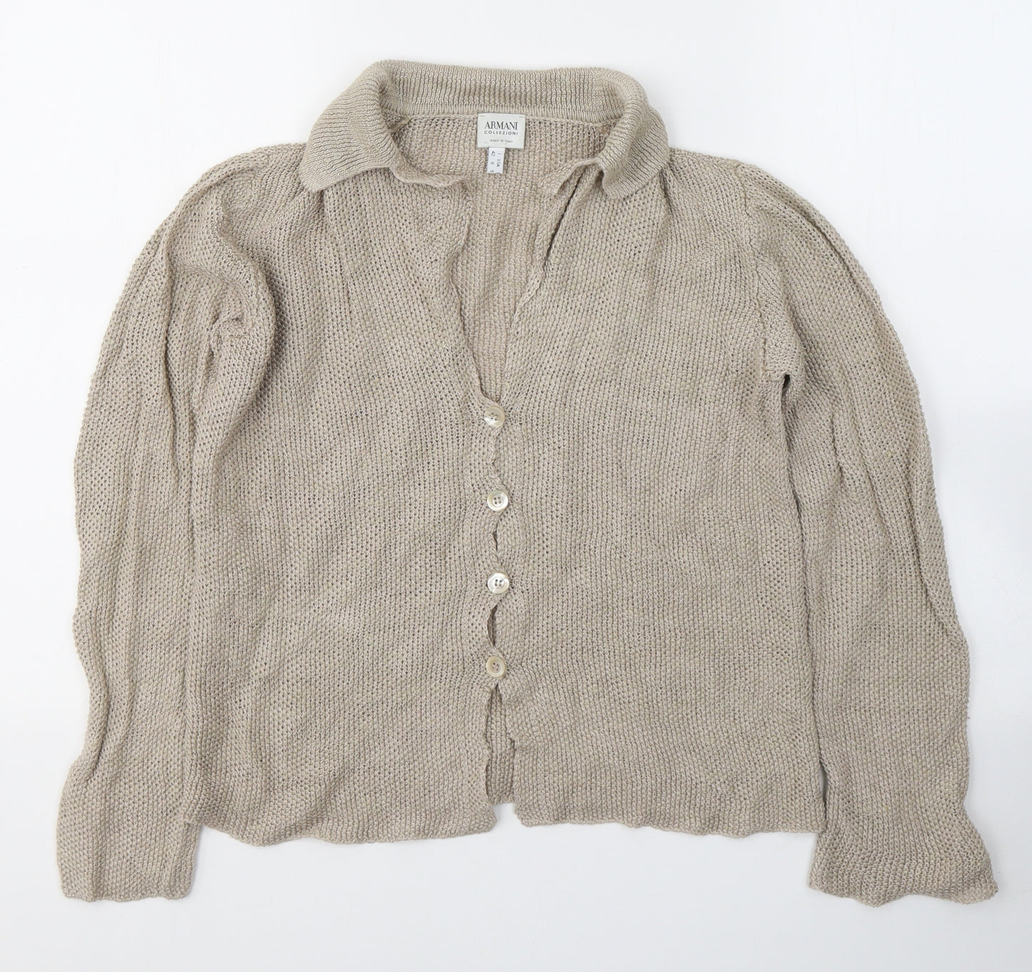 Armani Collezioni Womens Beige V-Neck  Linen Cardigan Jumper Size 12