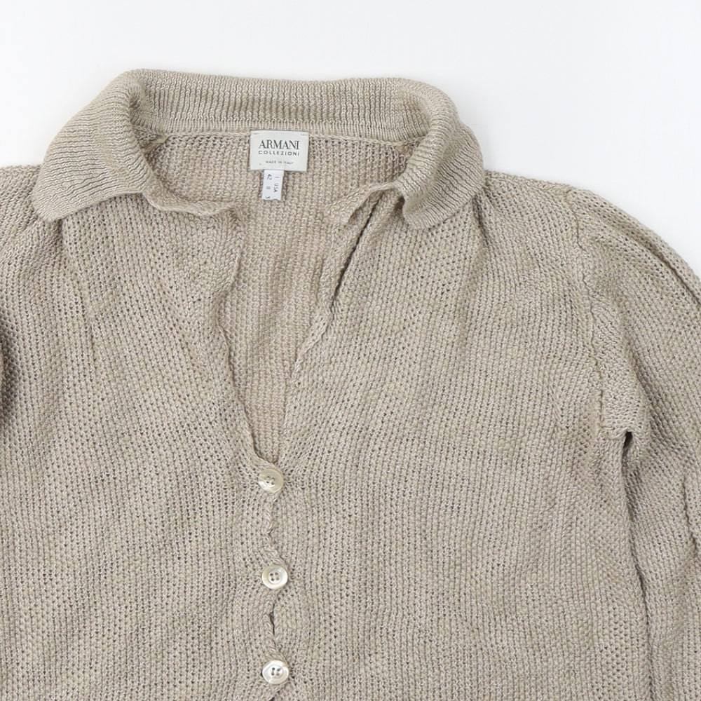Armani Collezioni Womens Beige V-Neck  Linen Cardigan Jumper Size 12