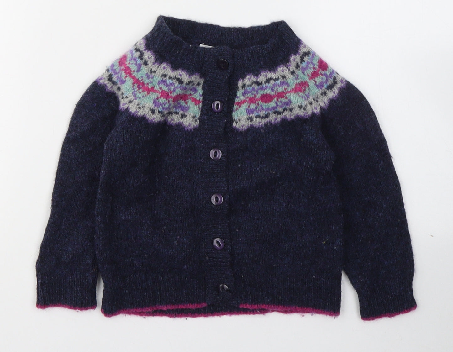 Broba Girls Blue Fair Isle Wool Cardigan Jumper Size 18-24 Months  Button