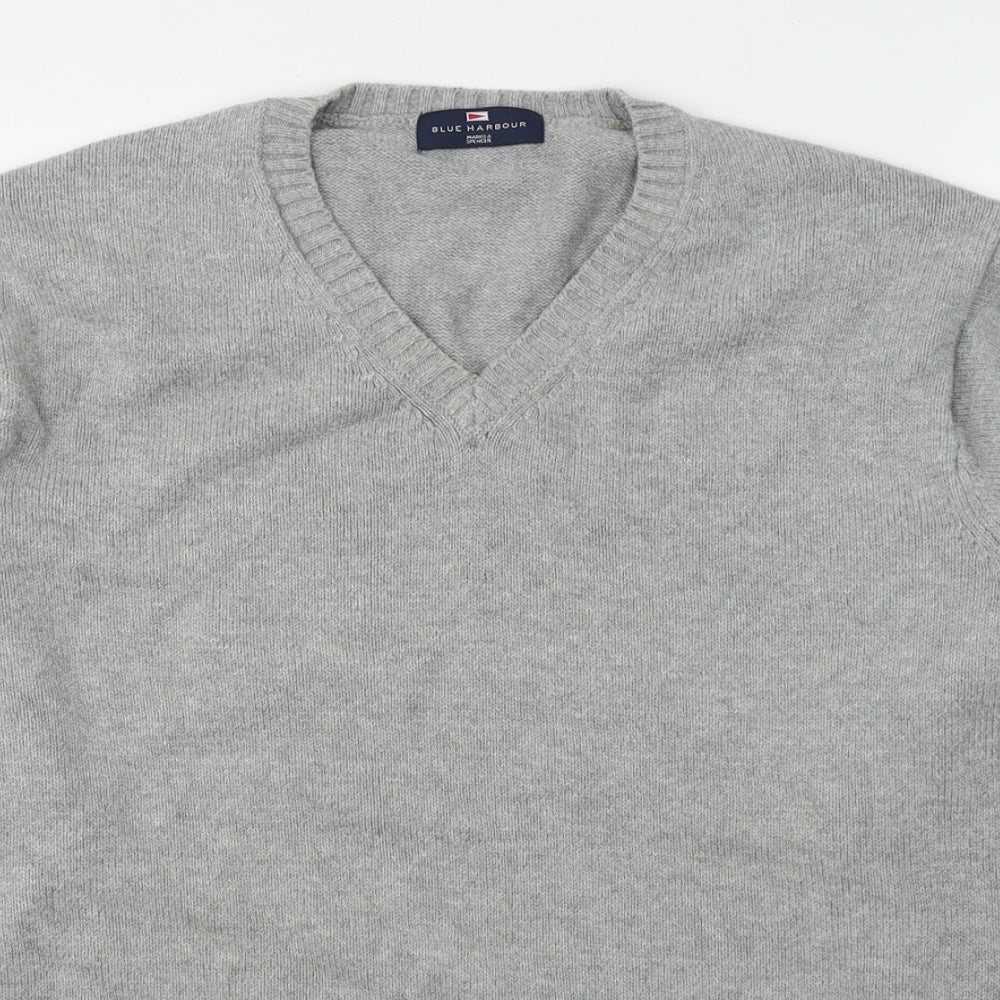 Blue Harbour Mens Grey V-Neck  Cotton Pullover Jumper Size L