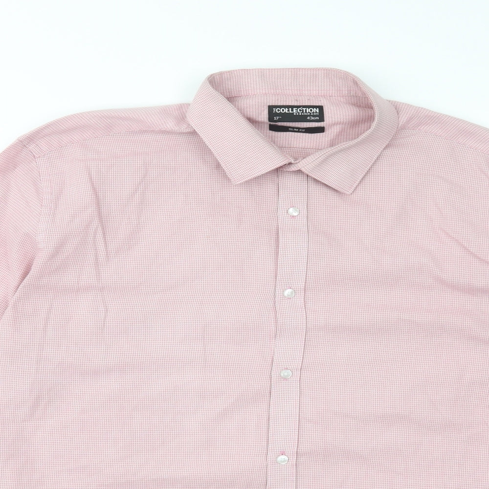 Debenhams Mens Pink Houndstooth Polyester  Dress Shirt Size 17 Collared Button
