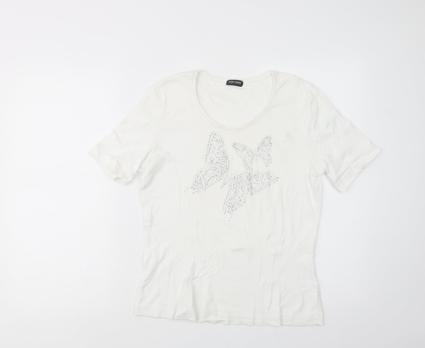 Gerry Weber Womens White  Viscose Basic T-Shirt Size 14 Scoop Neck - Butterflies