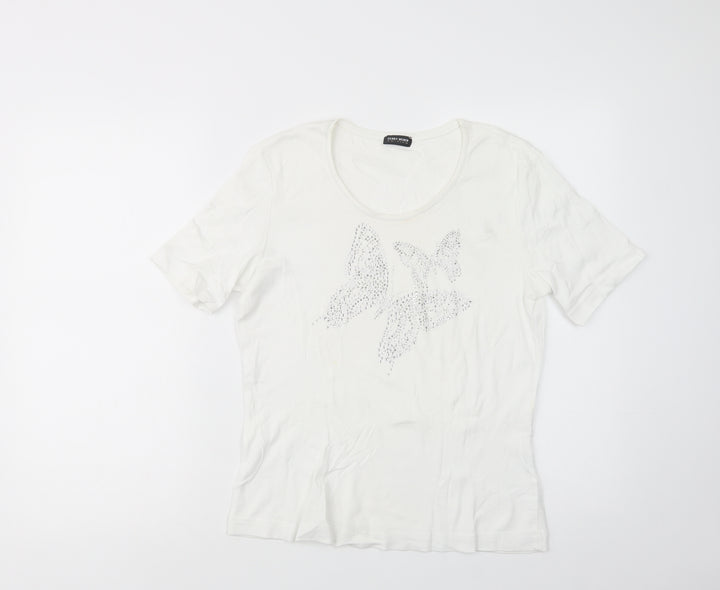 Gerry Weber Womens White Viscose Basic T-Shirt Size 14 Scoop Neck - Butterflies