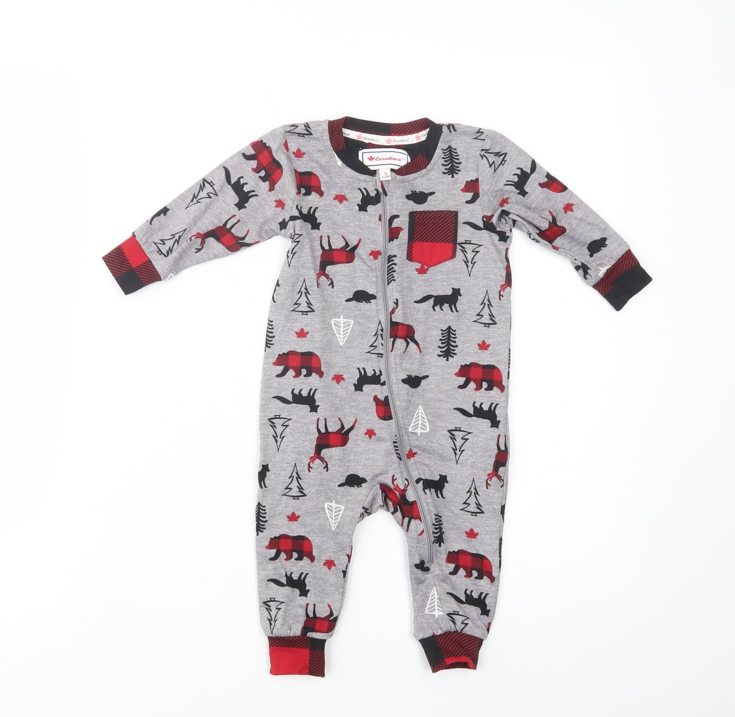 Canadiana Baby Grey Geometric Cotton Babygrow One-Piece Size 6-9 Months  Zip - Forest Animals