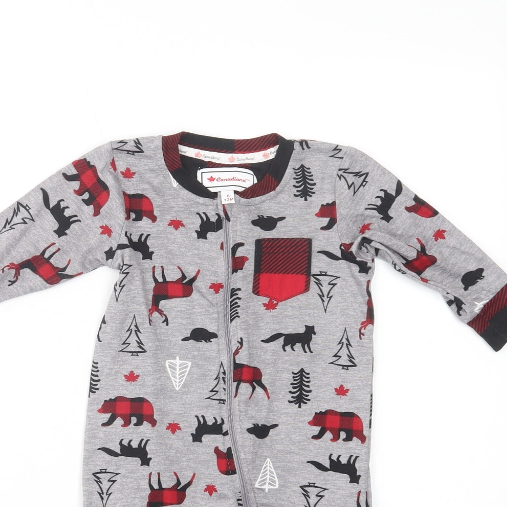 Canadiana Baby Grey Geometric Cotton Babygrow One-Piece Size 6-9 Months  Zip - Forest Animals
