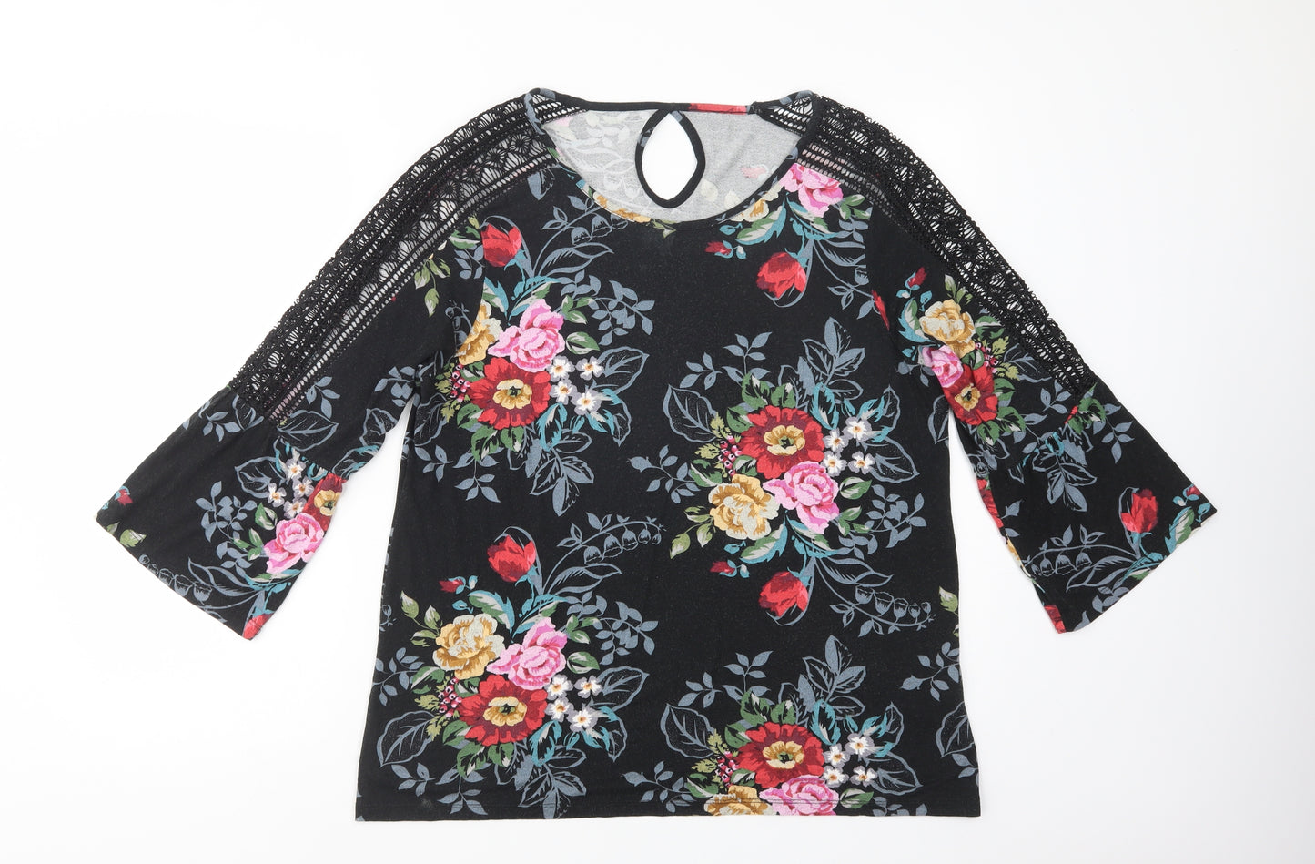 Matalan Womens Black Floral Viscose Basic Blouse Size 16 Scoop Neck - Lace Detail