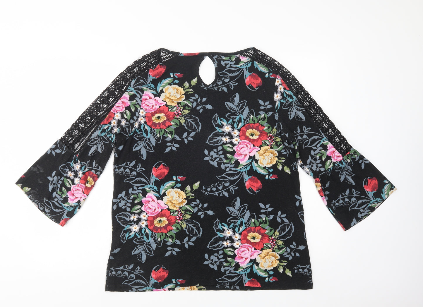 Matalan Womens Black Floral Viscose Basic Blouse Size 16 Scoop Neck - Lace Detail