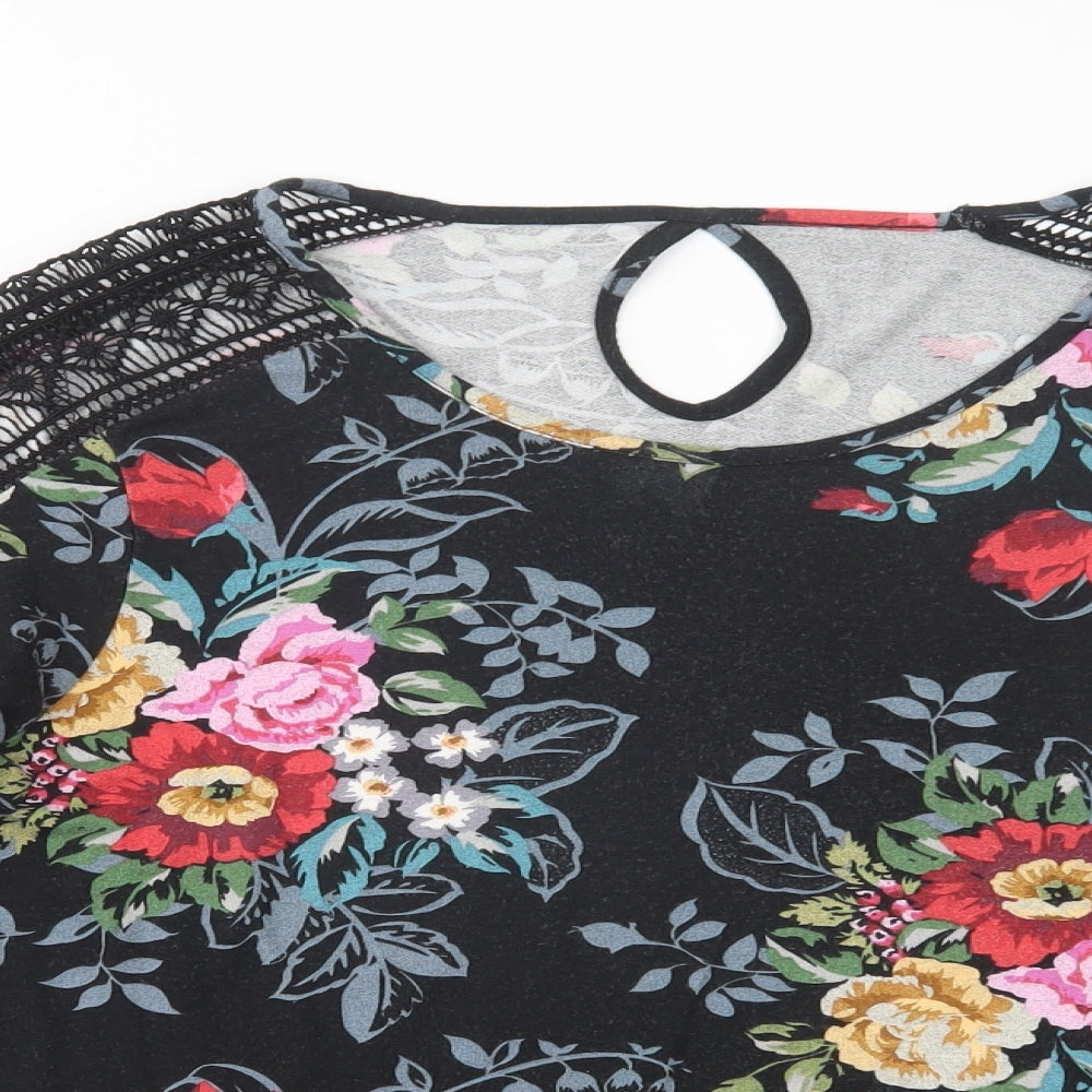 Matalan Womens Black Floral Viscose Basic Blouse Size 16 Scoop Neck - Lace Detail