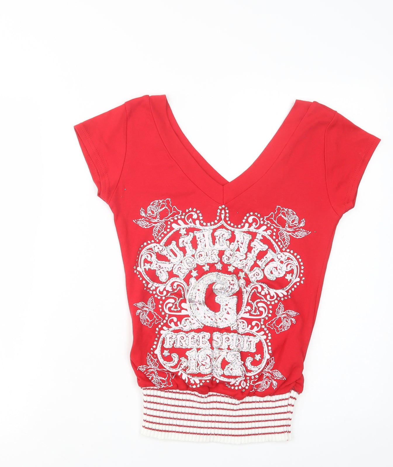 Preworn Womens Red  Cotton Basic Blouse Size M V-Neck - Free Spirit