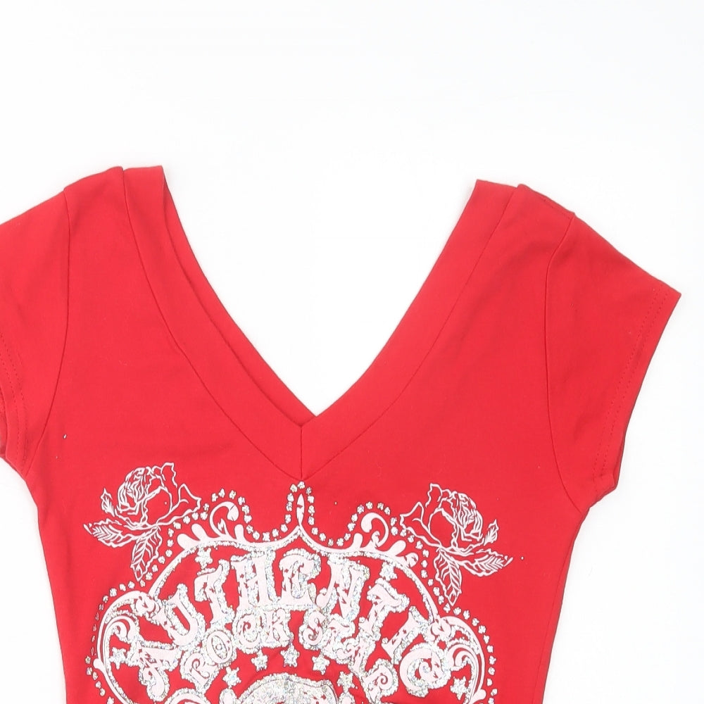 Preworn Womens Red  Cotton Basic Blouse Size M V-Neck - Free Spirit