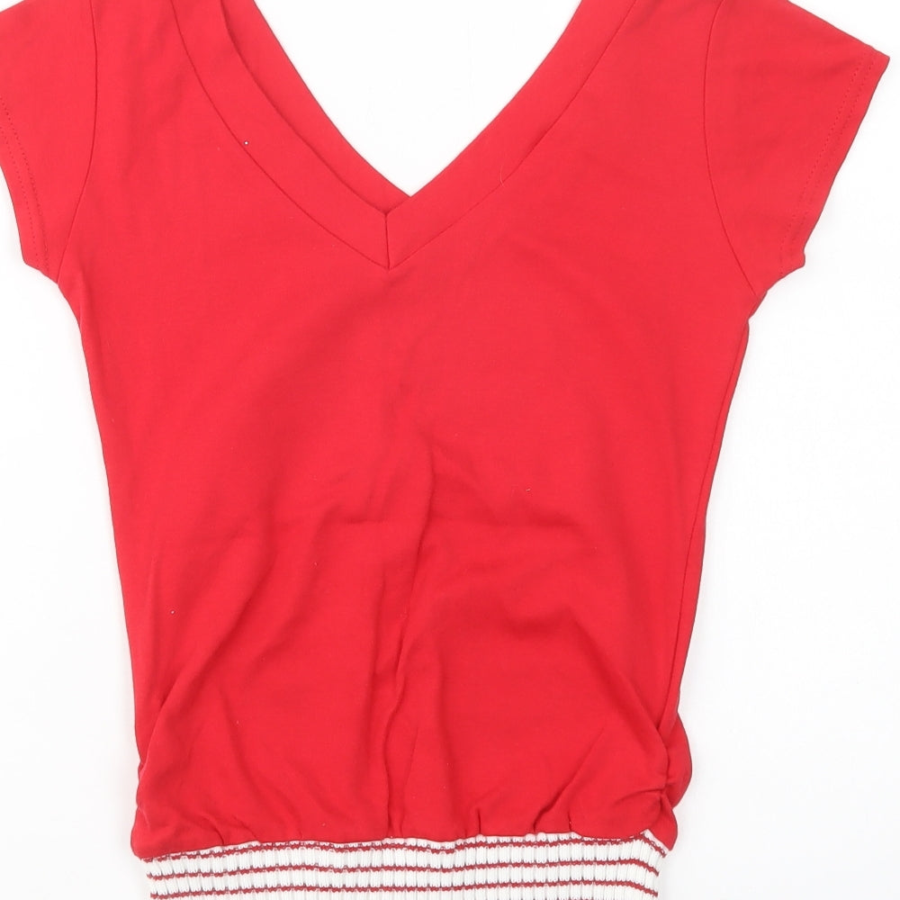 Preworn Womens Red  Cotton Basic Blouse Size M V-Neck - Free Spirit