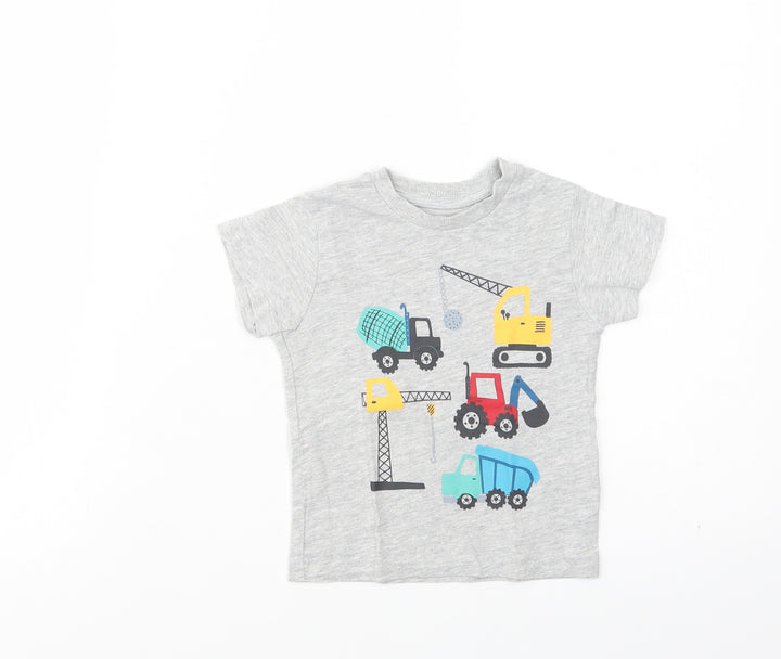 Matalan Grey Cotton Basic T-Shirt Size 12-18 Months Crew Neck Pullover - Diggers