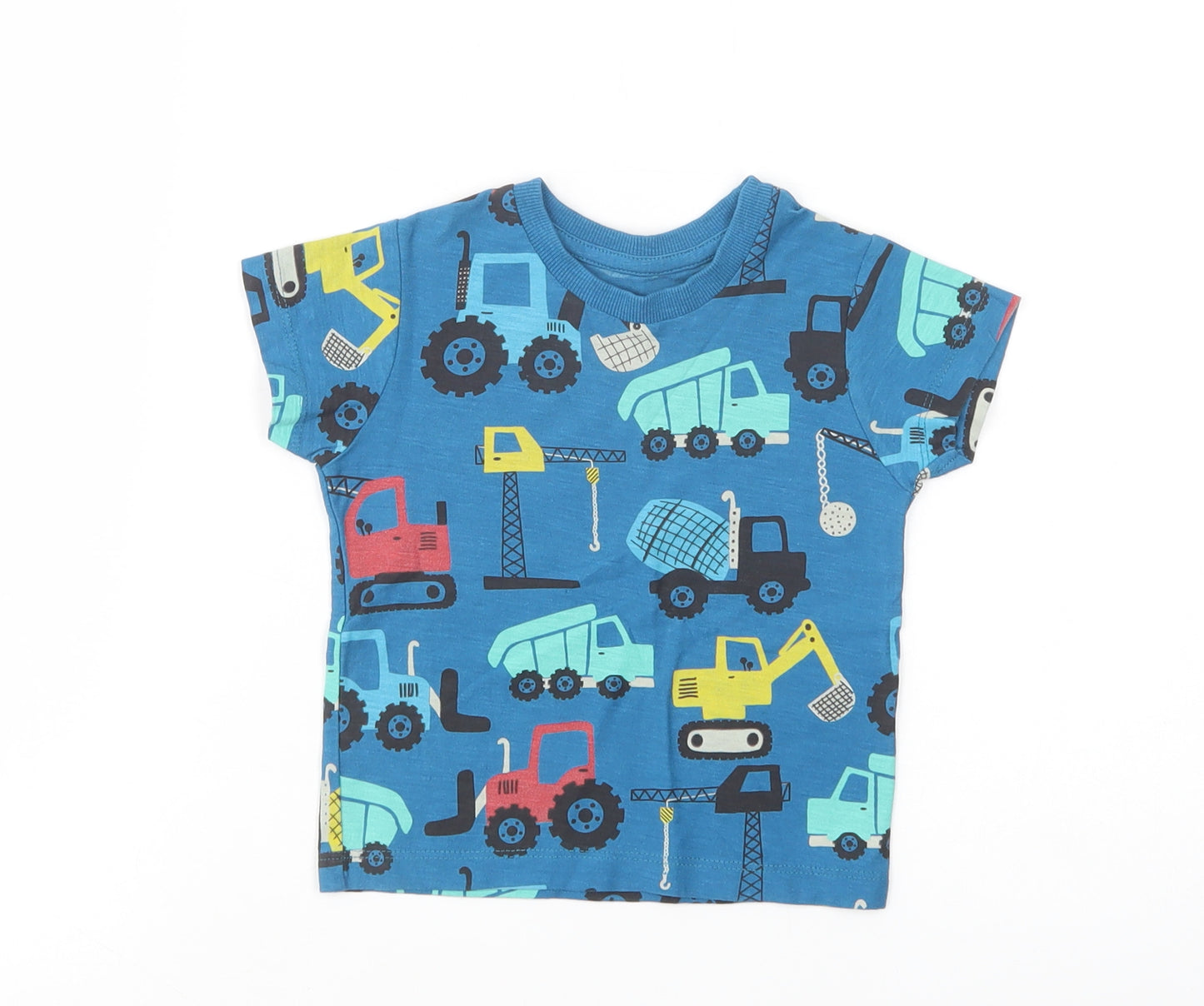 Matalan Baby Blue Geometric Cotton Basic T-Shirt Size 12-18 Months Crew Neck Pullover - Cranes & Diggers