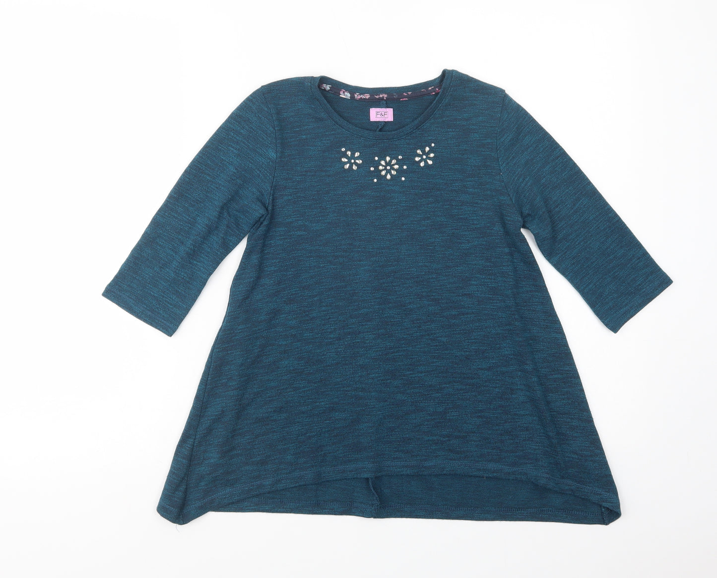 F&F Girls Green Crew Neck  Polyester Tunic Jumper Size 8-9 Years  Pullover - Embellished