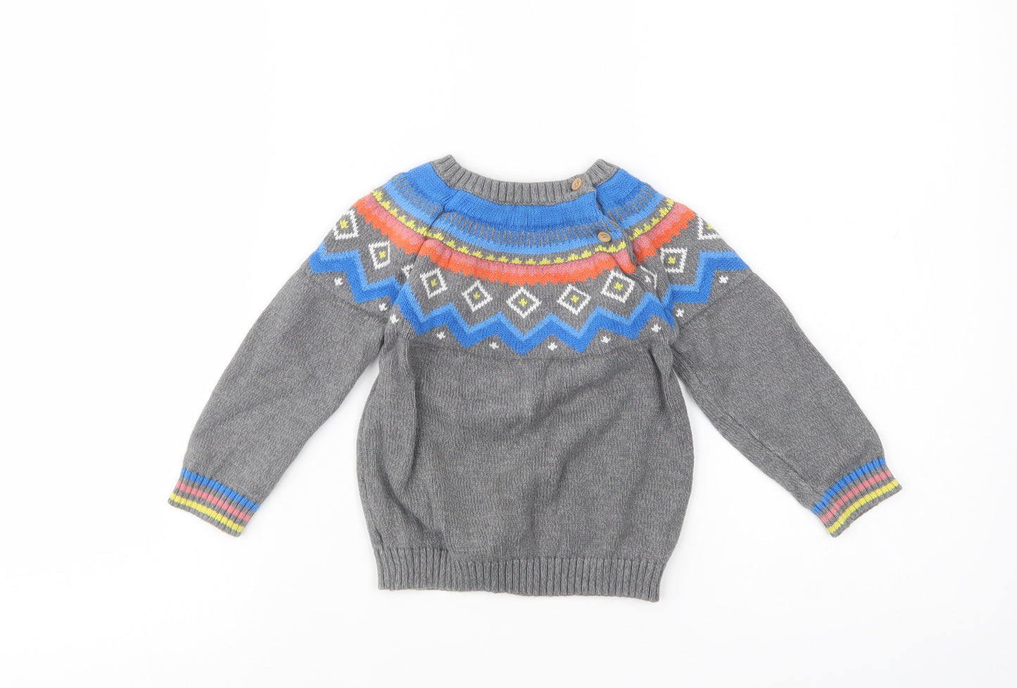 F&F Baby Grey Fair Isle Cotton Pullover Jumper Size 12-18 Months  Button