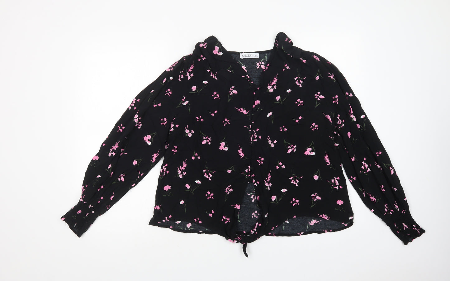 Gallery Womens Black Floral Viscose Basic Blouse Size 14 V-Neck