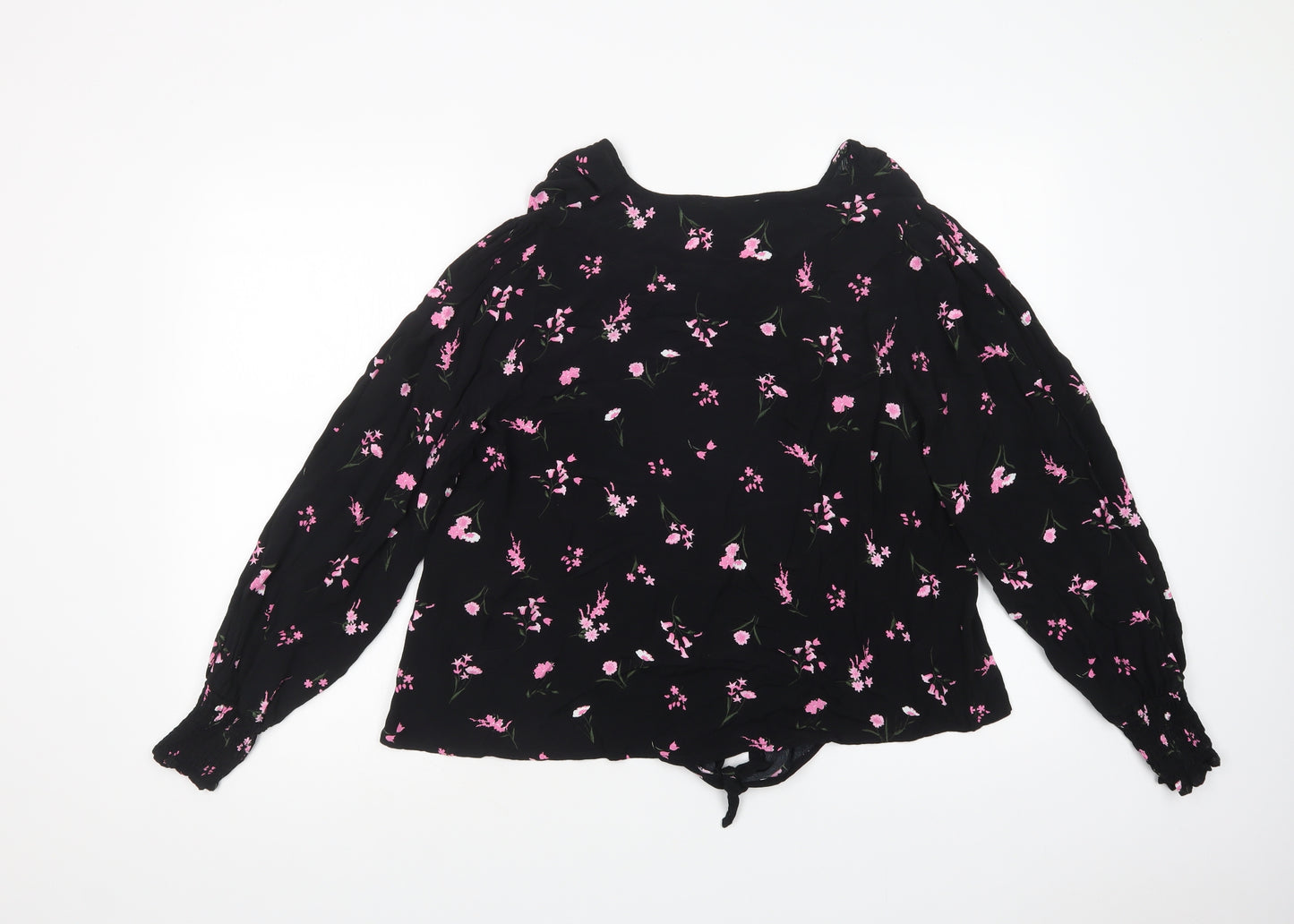 Gallery Womens Black Floral Viscose Basic Blouse Size 14 V-Neck