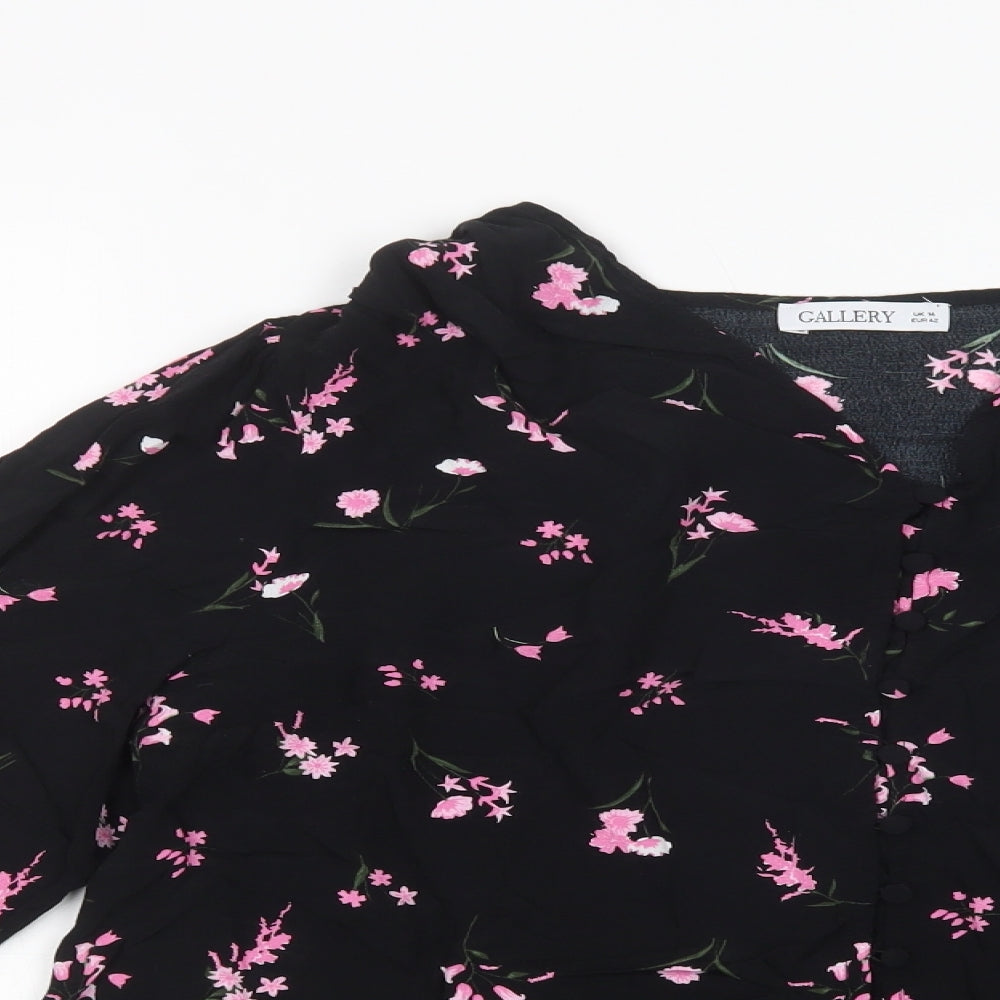 Gallery Womens Black Floral Viscose Basic Blouse Size 14 V-Neck