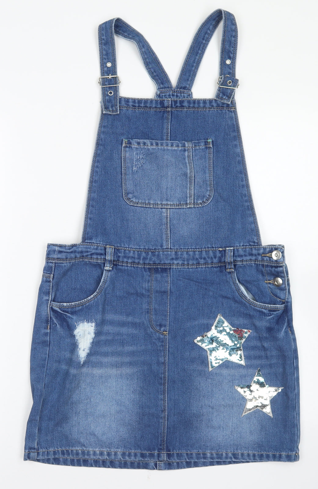 George Girls Blue  Cotton Pinafore/Dungaree Dress  Size 13-14 Years  Square Neck Button - Stars