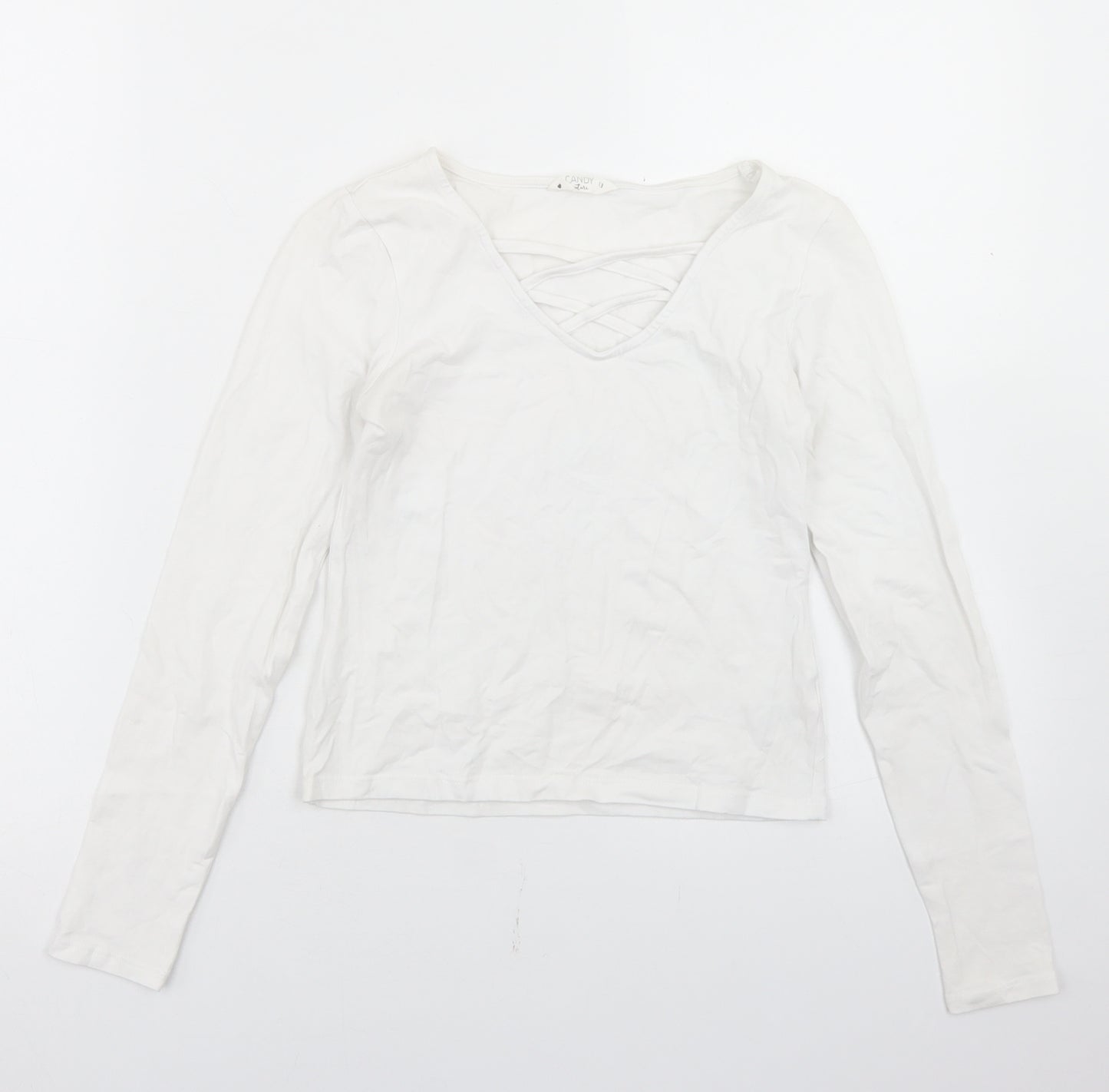 Candy Couture Girls White  Cotton Basic T-Shirt Size 13 Years V-Neck