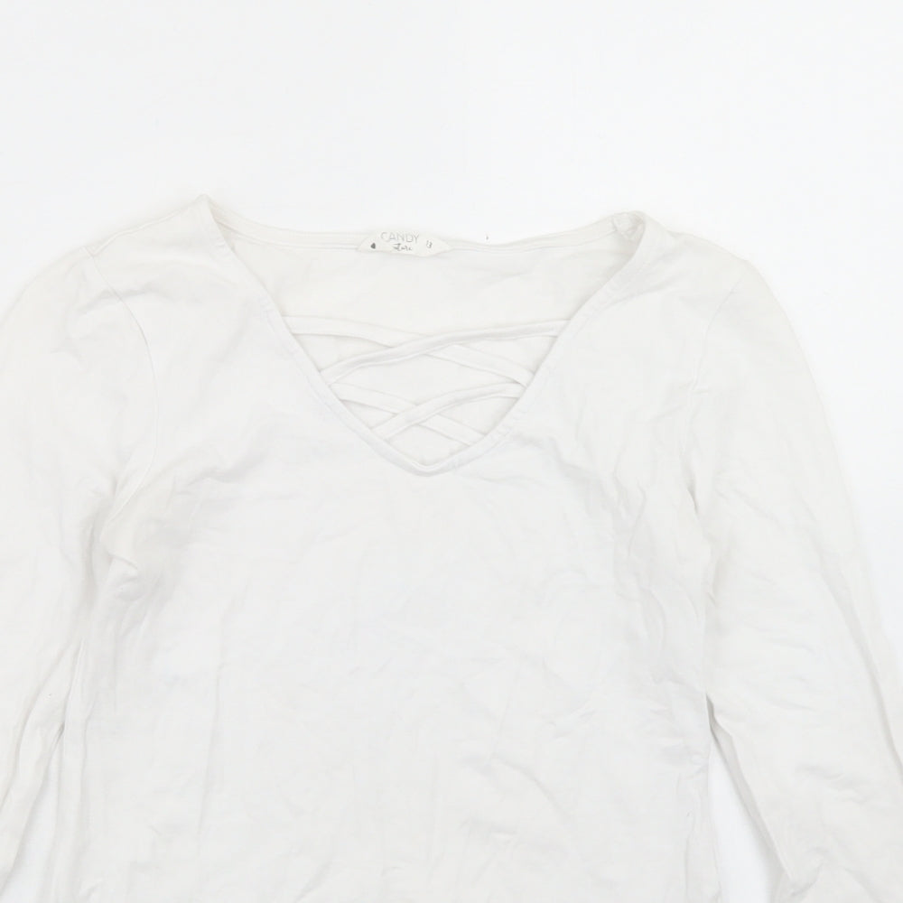 Candy Couture Girls White  Cotton Basic T-Shirt Size 13 Years V-Neck
