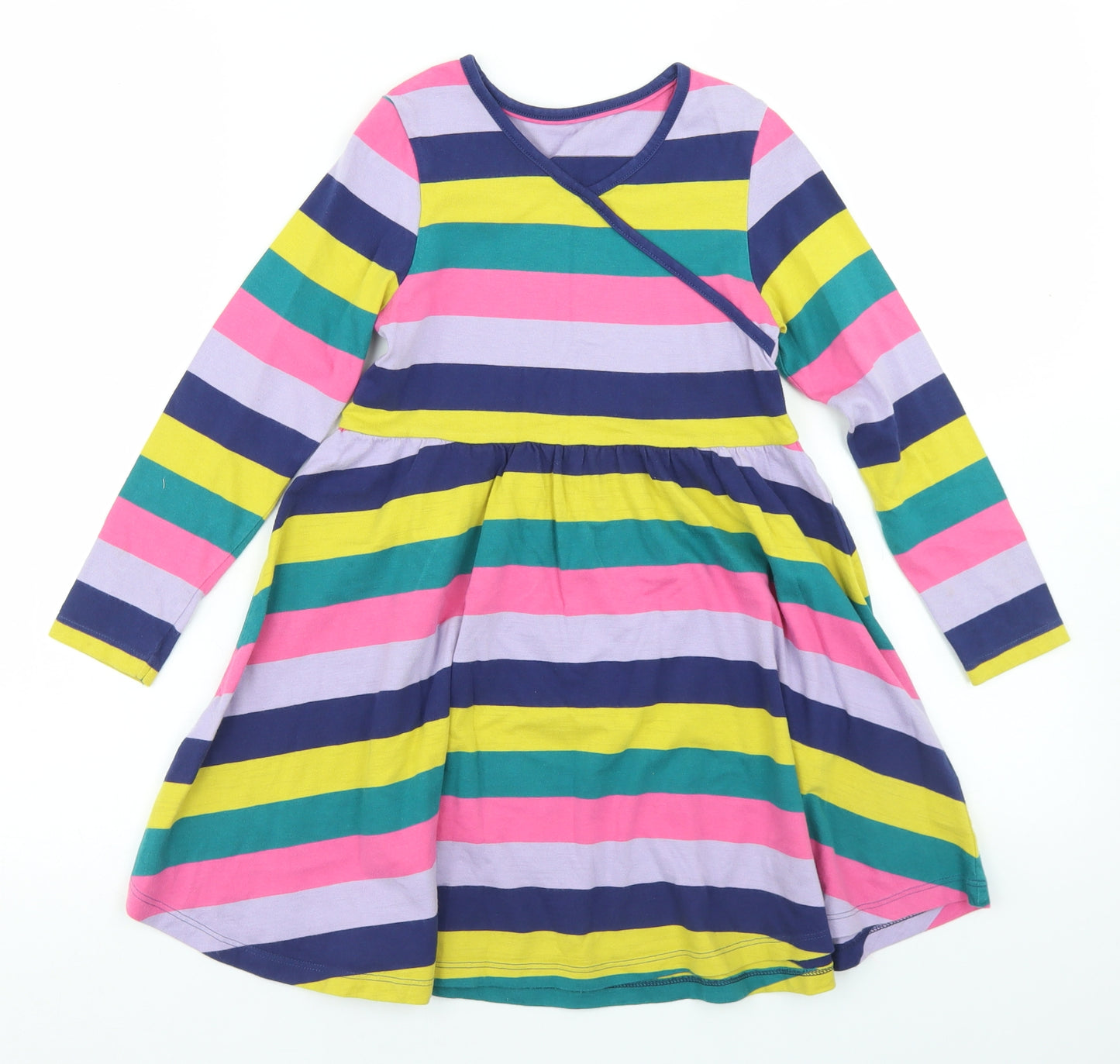 Marks and Spencer Girls Multicoloured Striped Cotton Skater Dress  Size 6-7 Years  V-Neck