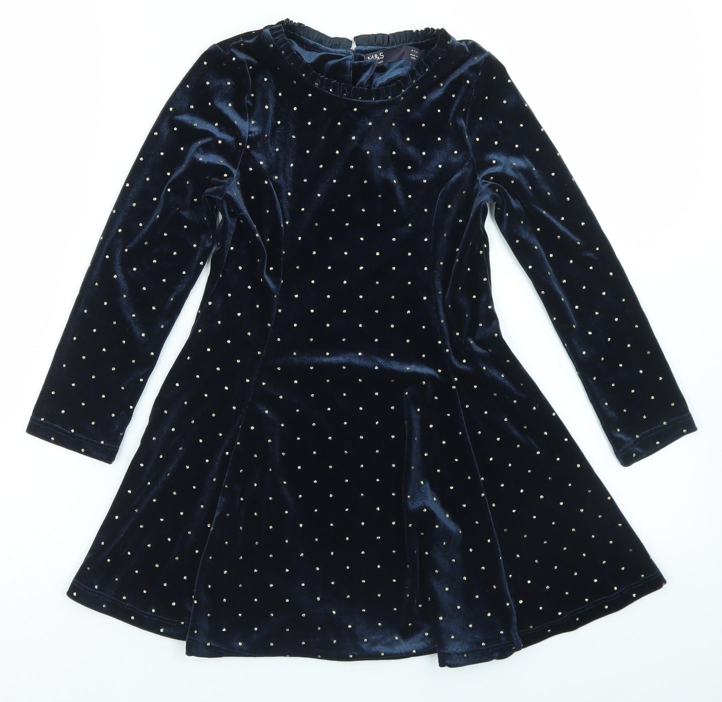 Marks and Spencer Girls Blue Polka Dot Polyester Fit & Flare  Size 6-7 Years  Round Neck Button
